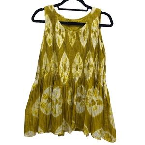 Bianco Levrin | 100% Silk Green Ikat Sleeveless Pintucked Blouse Small Artsy